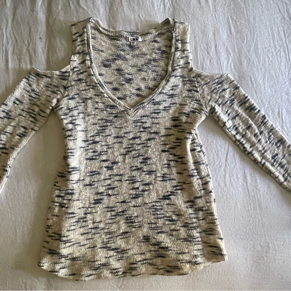 LNA Blue and Cream Open Shoulder Knit Top